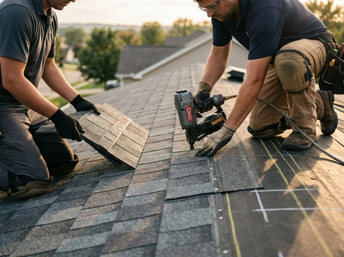Professional roofer working on a residential roof in Broadlands